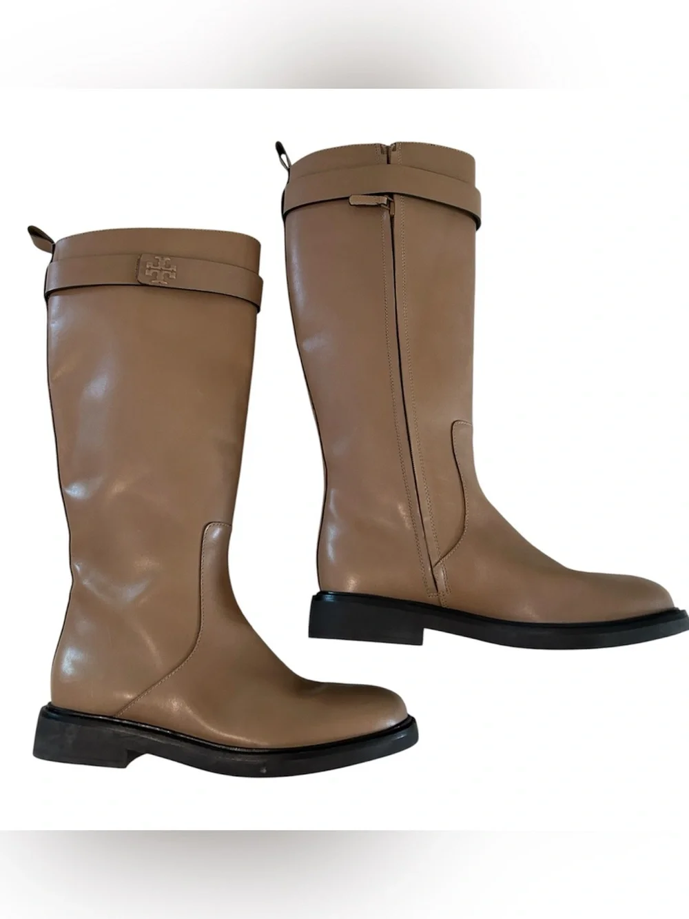 Tory Burch Double T Utility Knee High Leather Tall Boots, Almond, Size 10, NWOT